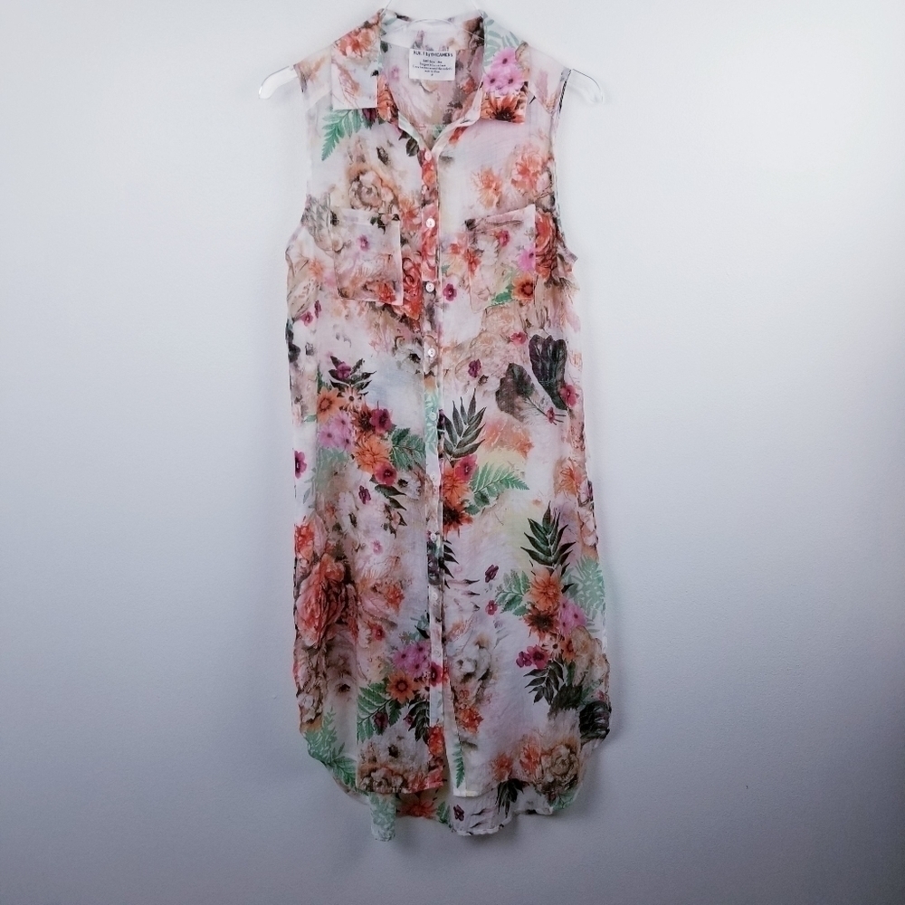 BUILT BY DREAMERS Semi-Sheer Floral Longline Sleeveless Button Front Top size M